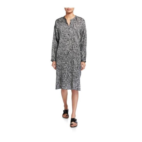 Eileen Fisher Prism Print Silk/Organic Cotton Long Sleeve Brown Dress NEW [jb] - Picture 3 of 10